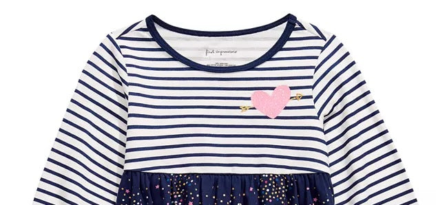 Túnica listrada de algodão para bebê menina First Impressions, manga longa, confete, branca, tamanho 3 a 6 meses