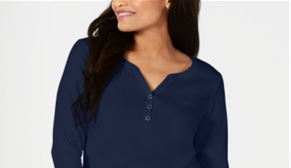 Camisa Henley de algodão feminina Karen Scott, tamanho marinho, pequena, P/M