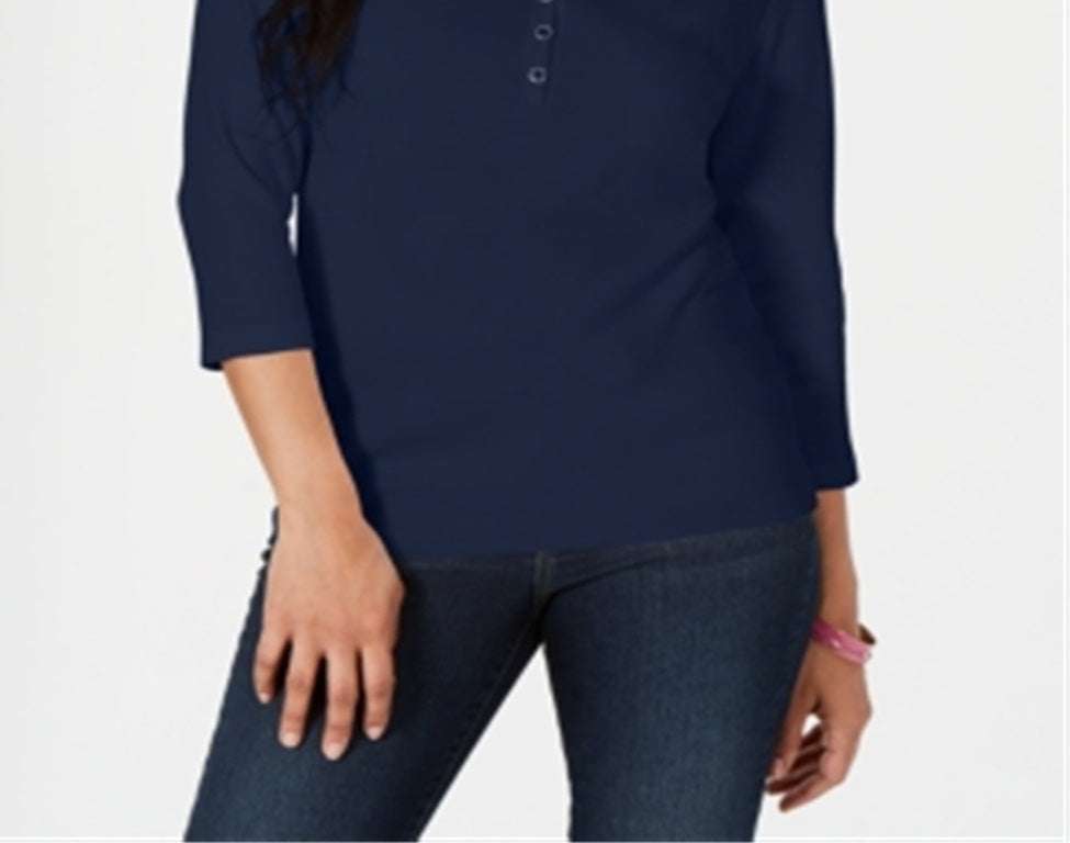 Camisa Henley de algodão feminina Karen Scott, tamanho marinho, pequena, P/M