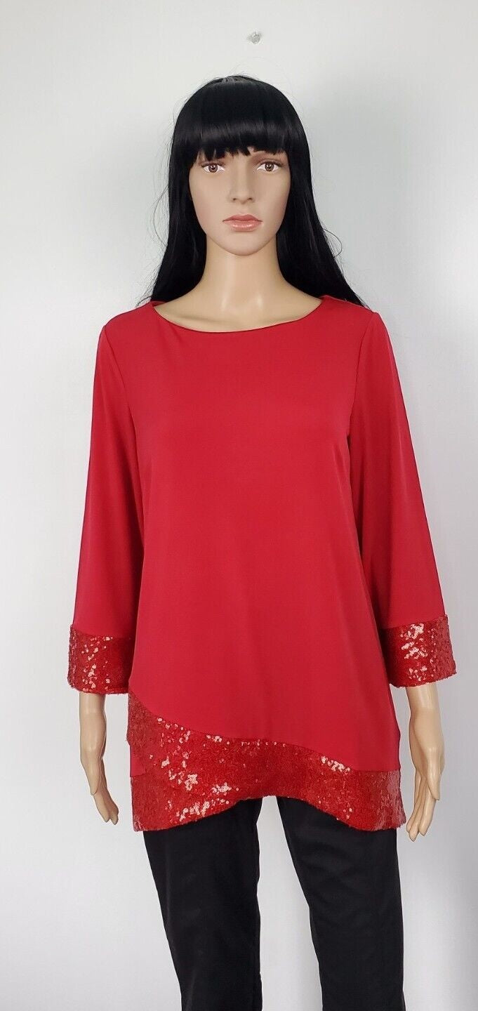 JM Collection Top túnica feminina com bainha cruzada e lantejoulas, vermelho, tamanho M