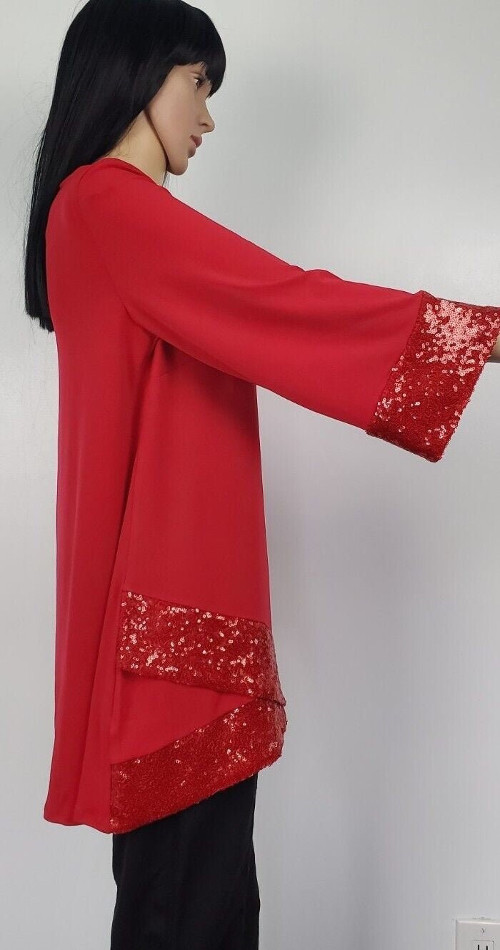 JM Collection Top túnica feminina com bainha cruzada e lantejoulas, vermelho, tamanho M