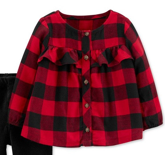 Calça casual Carter's para meninas, xadrez Buffalo, xadrez, túnica com babados e leggings de veludo, vermelha, tamanho 9 meses