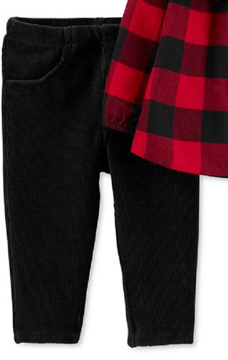 Calça casual Carter's para meninas, xadrez Buffalo, xadrez, túnica com babados e leggings de veludo, vermelha, tamanho 9 meses