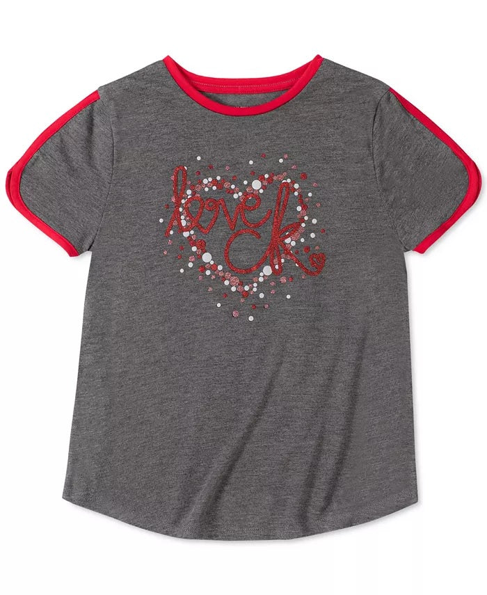 Camiseta Calvin Klein Big Girls Love com manga de golfinho, cor carvão, tamanho 7