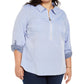Camisa feminina Tommy Hilfiger Plus Size de algodão com bolinhas e zíper frontal, azul, tamanho 3X