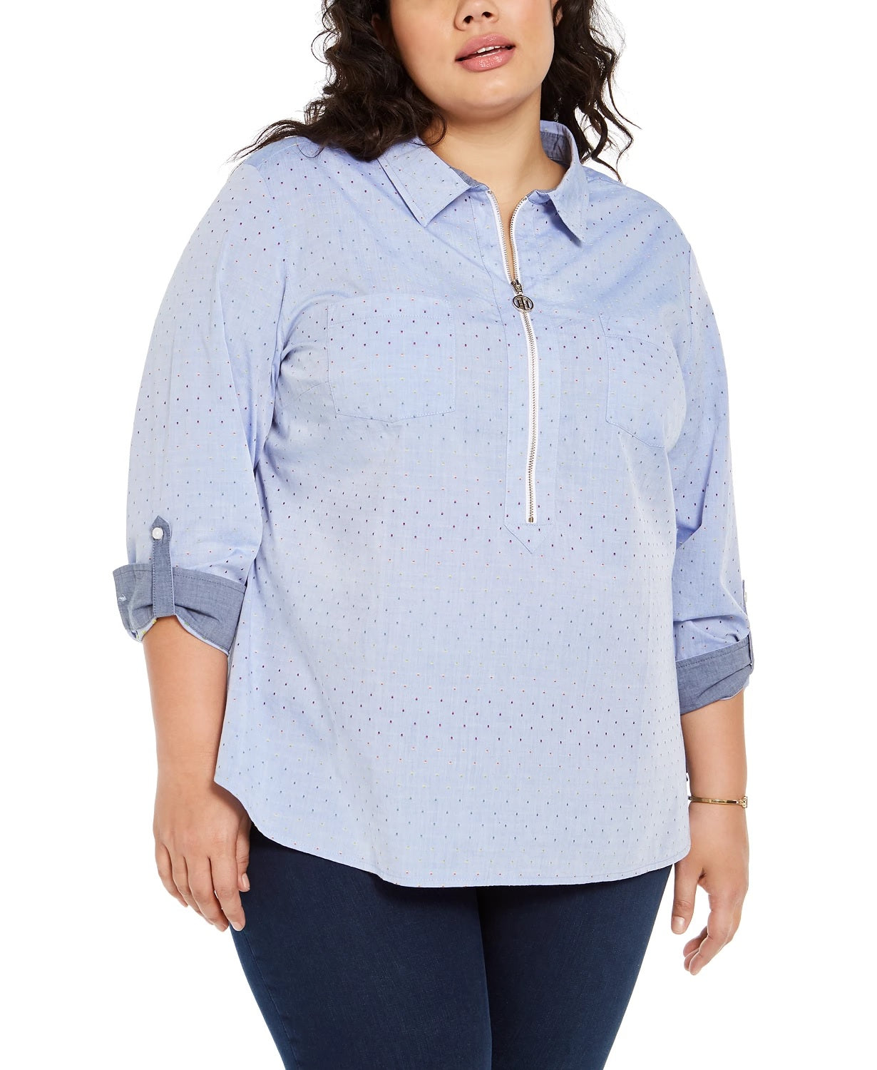 Camisa feminina Tommy Hilfiger Plus Size de algodão com bolinhas e zíper frontal, azul, tamanho 3X