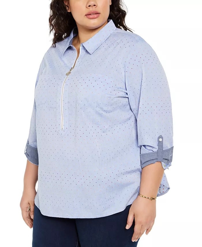 Camisa feminina Tommy Hilfiger Plus Size de algodão com bolinhas e zíper frontal, azul, tamanho 3X