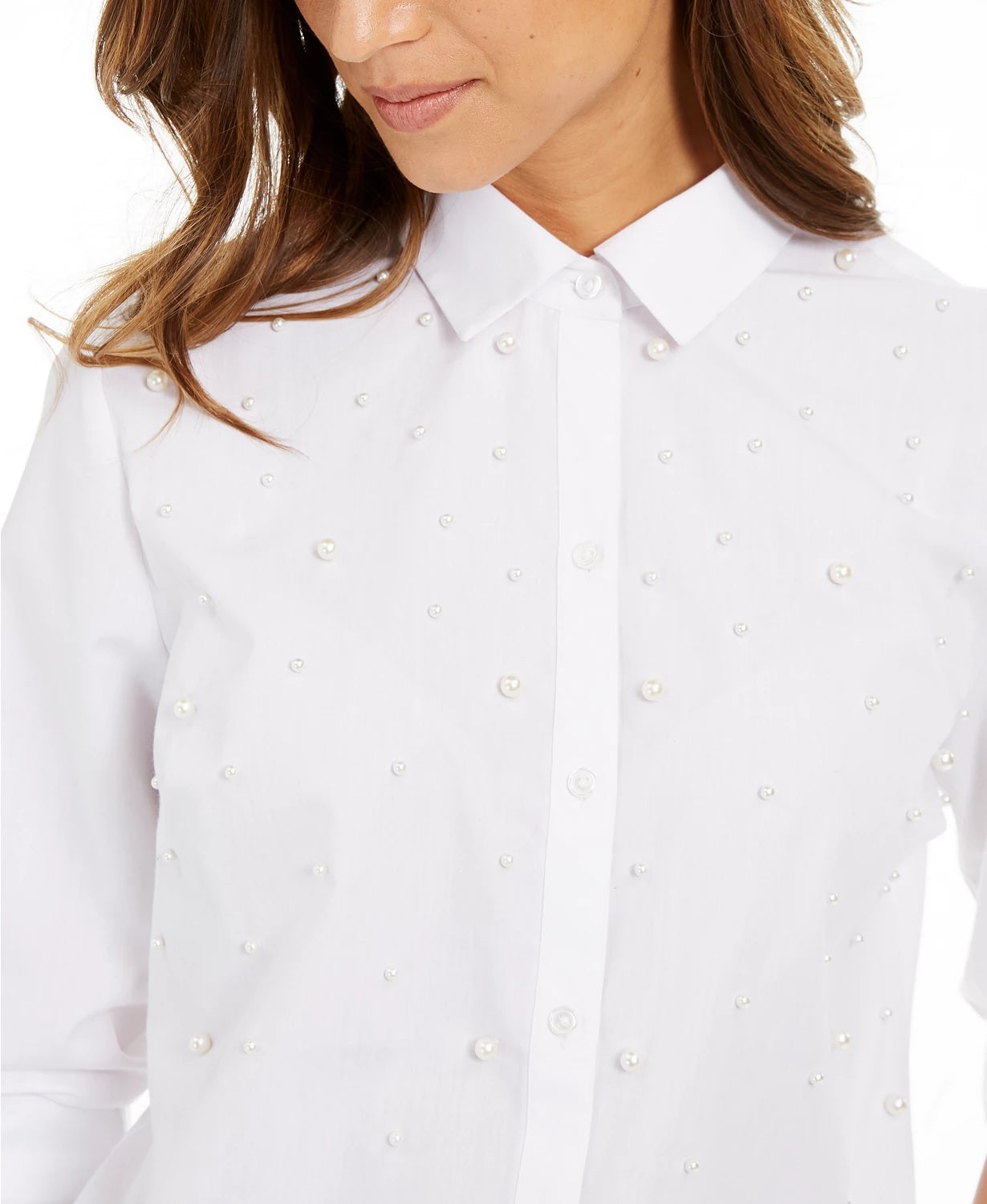 Camisa feminina Charter Club Petite com botões frontais e pérolas sintéticas, tamanho pequeno, branca