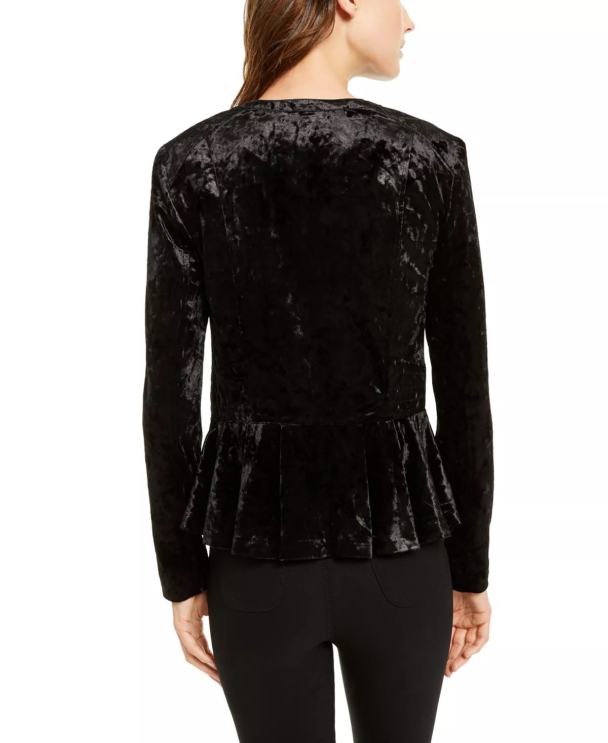 Jaqueta feminina peplum de veludo amassado da INC International Concepts, preta, tamanho pequeno, extragrande