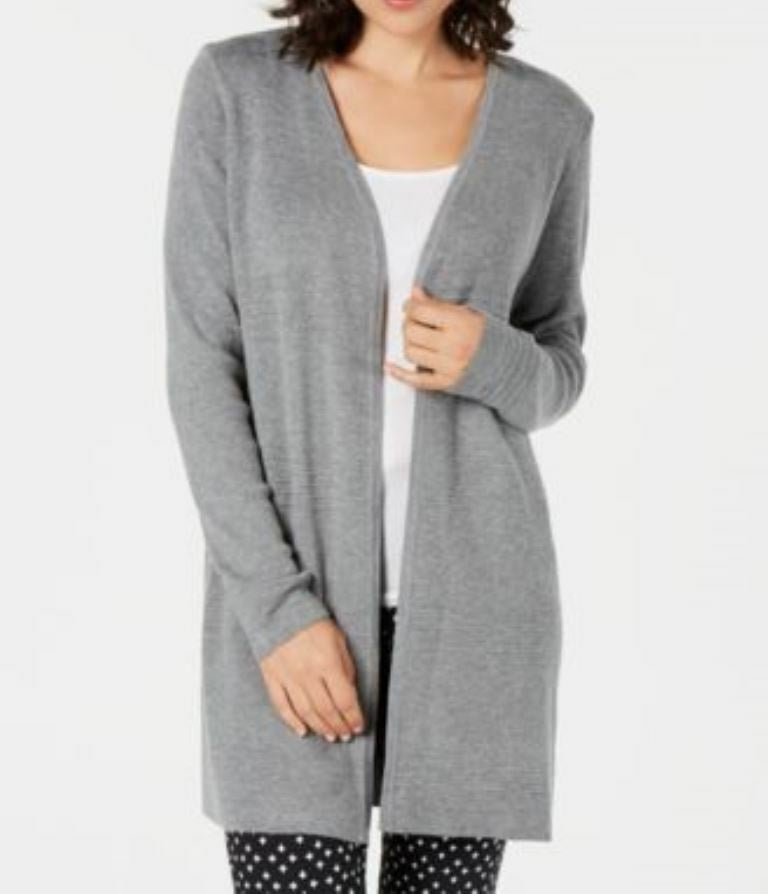 Cardigan feminino de malha canelada com abertura frontal, cinza, tamanho pequeno