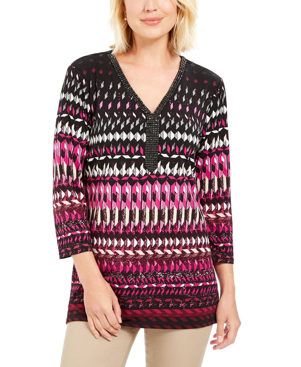 Túnica estampada feminina JM Collection rosa tamanho pequeno médio