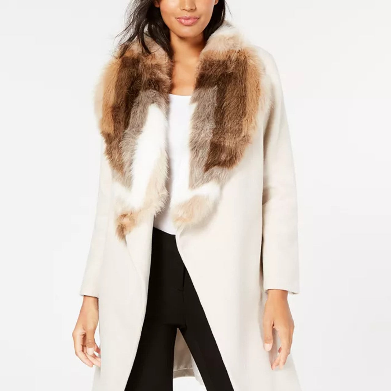 Alfani Feminino Petite Faux-Fur Collar Belted Coat Bege Petite S