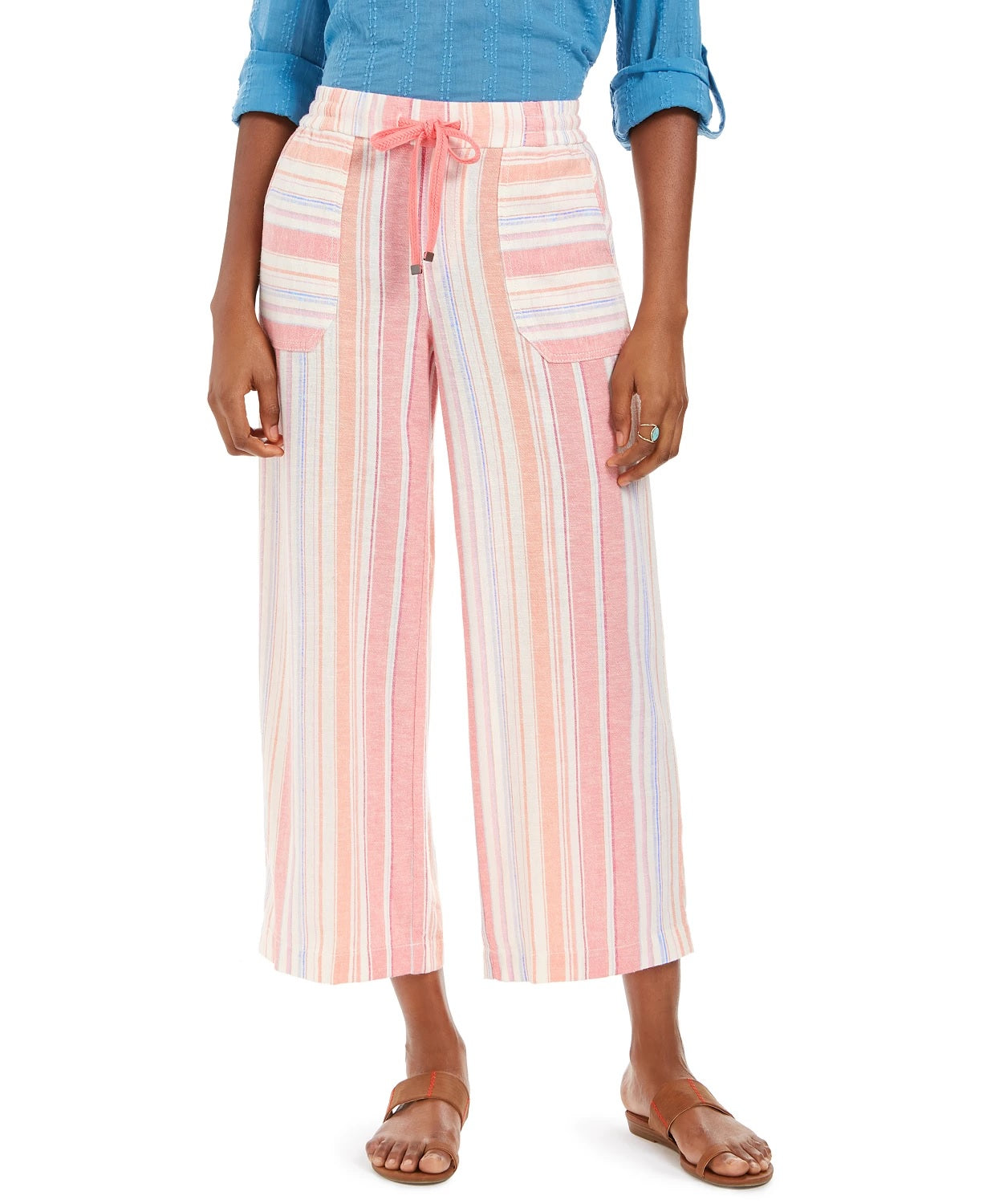 Calça cropped feminina de linho listrada estilo &amp; co, rosa, tamanho grande