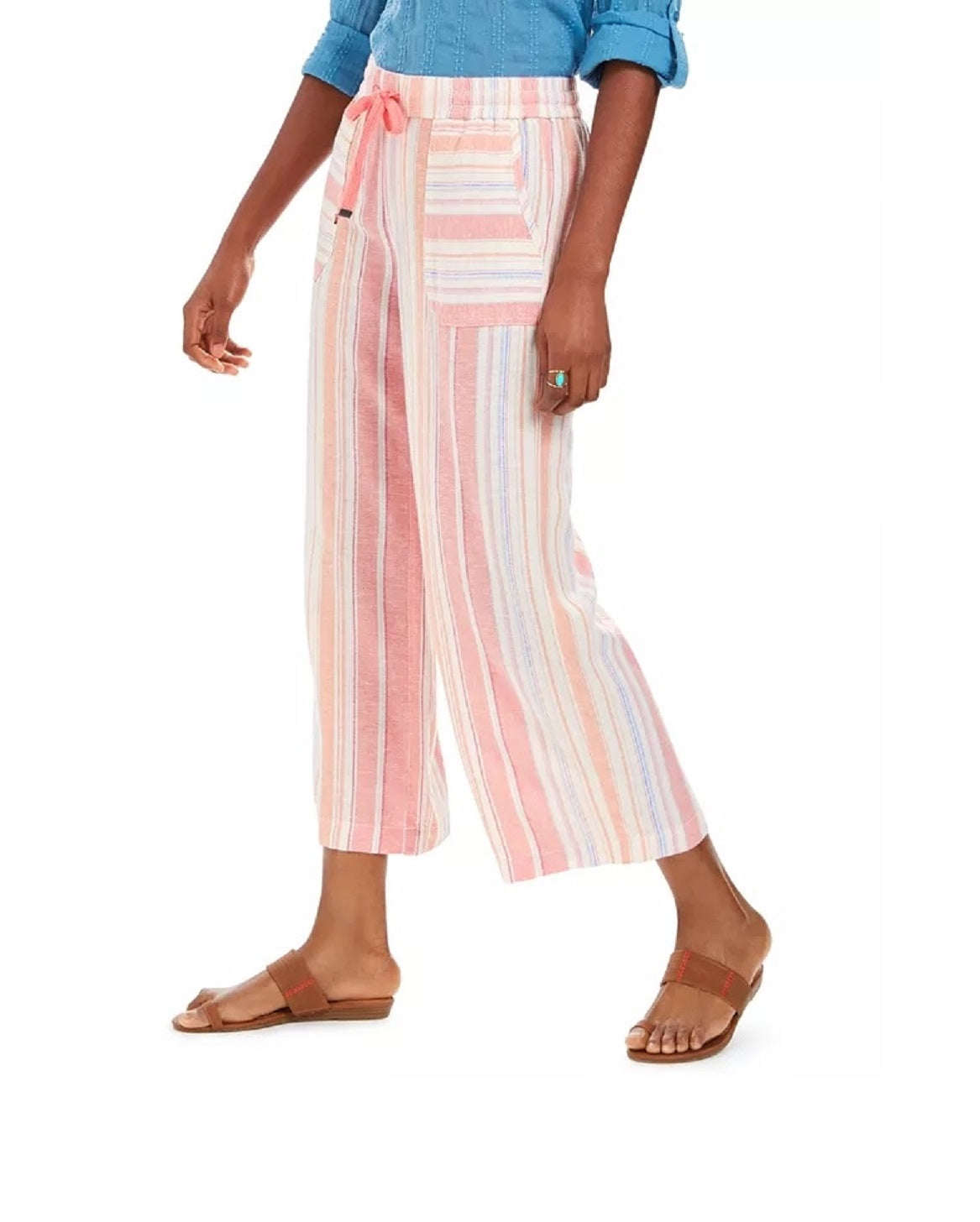 Calça cropped feminina de linho listrada estilo &amp; co, rosa, tamanho grande
