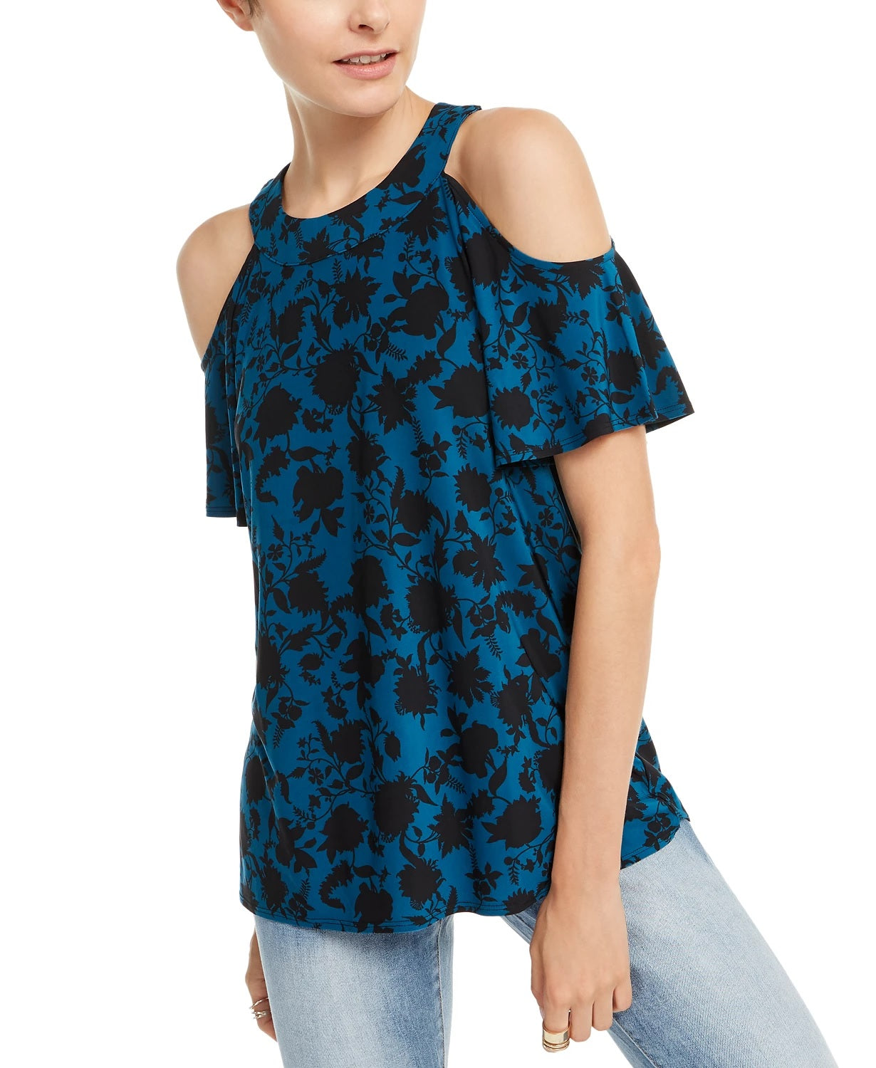 INC International Concepts Top feminino estampado com ombros descobertos e manga curta, verde, tamanho P