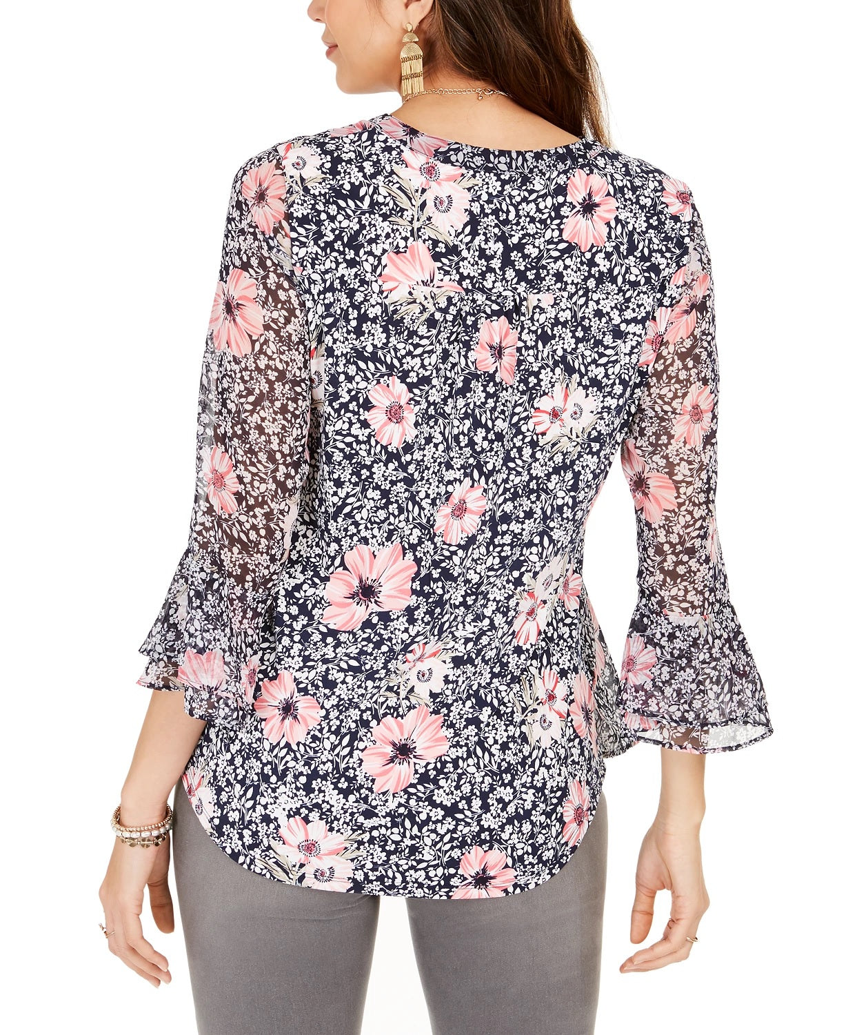 Blusa feminina estampada com decote aberto, azul, tamanho grande