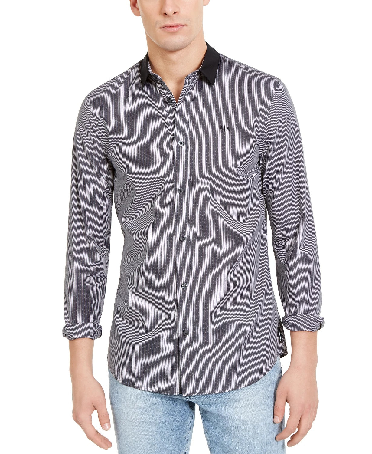 Camisa Masculina Armani Exchange Slim-Fit Dobby Stripe Gola Contrastada Cinza Tamanho Médio