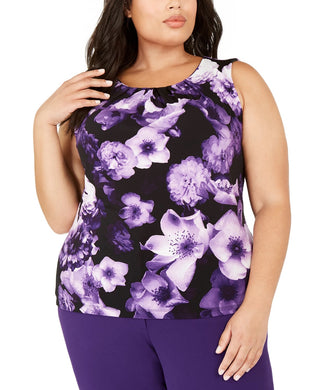 Blusa feminina plus size Calvin Klein, sem mangas, com pregas florais e gola alta, preta, tamanho 1X