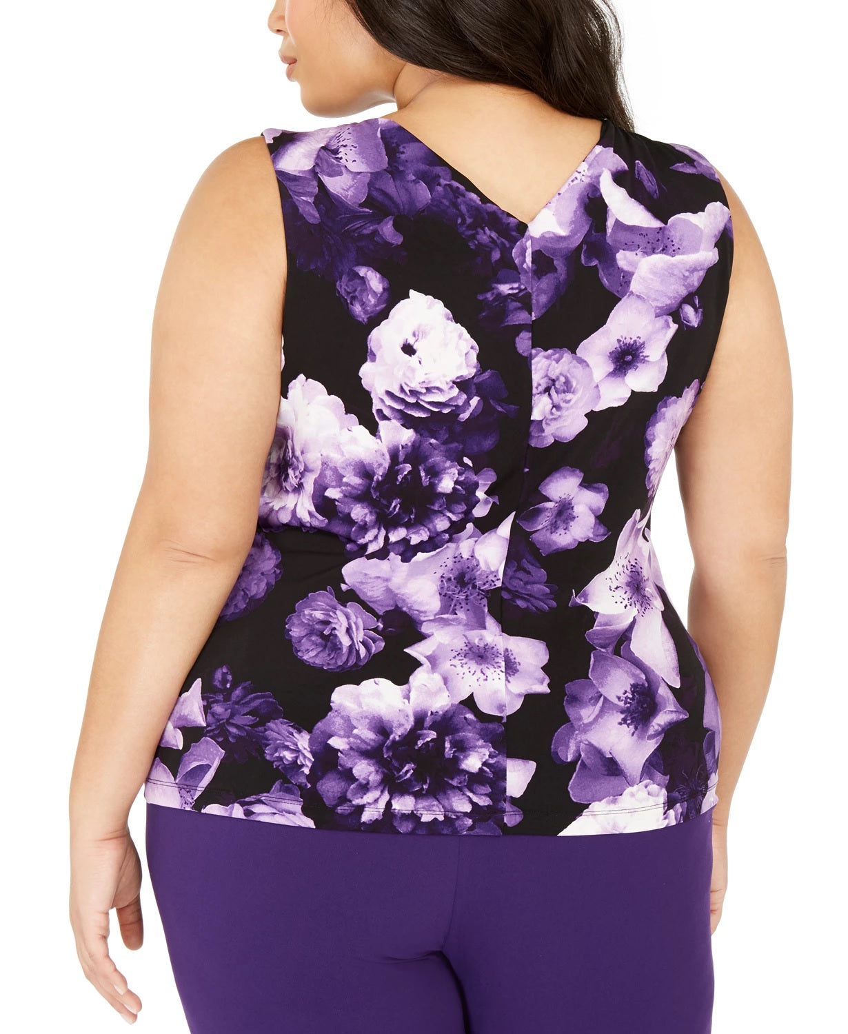 Blusa feminina plus size Calvin Klein, sem mangas, com pregas florais e gola alta, preta, tamanho 1X