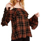 Blusa xadrez feminina com babados e ombros descobertos, preta, tamanho XS, da INC International Concepts