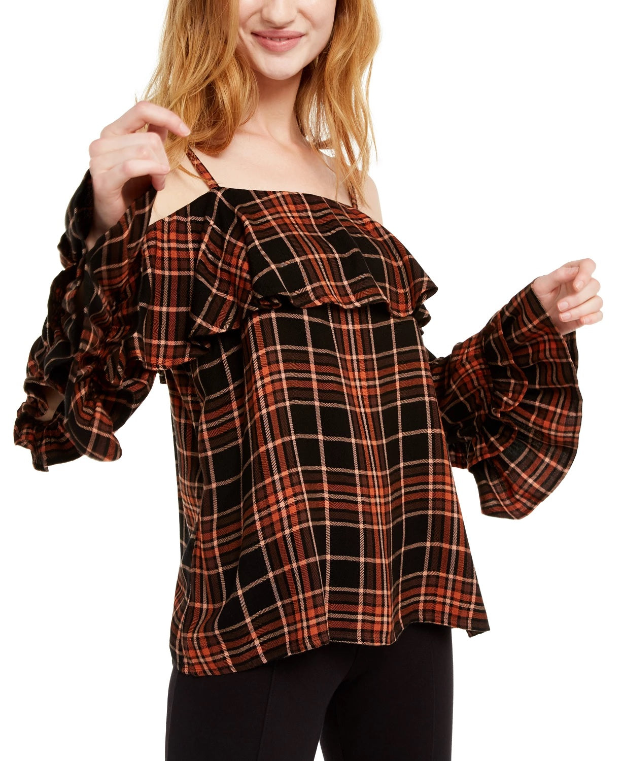 Blusa xadrez feminina com babados e ombros descobertos, preta, tamanho XS, da INC International Concepts