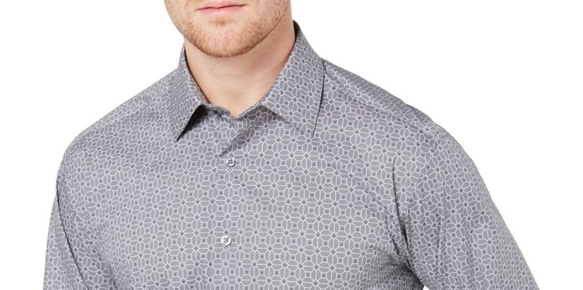 Camisa social masculina Alfani com gola alta e punho padrão em misturas de algodão, cinza, tamanho grande
