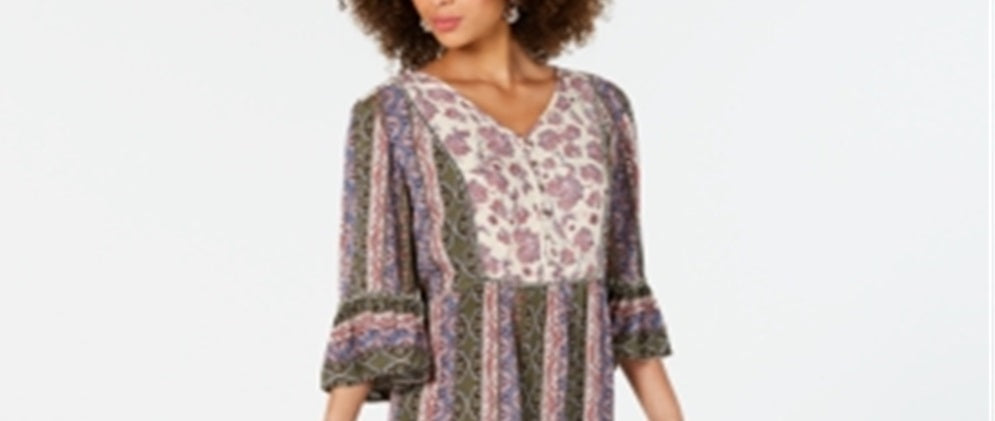 Vestido feminino estampado com manga sino estilo &amp; co, verde, tamanho pequeno, L