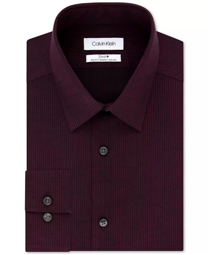 Camisa social masculina Calvin Klein Steel Slim-Fit, elástica, sem necessidade de passar, com estampa de alto desempenho, vermelha, tamanho 34-35