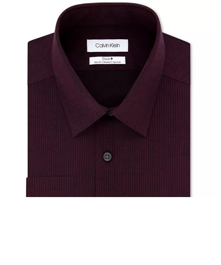 Camisa social masculina Calvin Klein Steel Slim-Fit, elástica, sem necessidade de passar, com estampa de alto desempenho, vermelha, tamanho 34-35