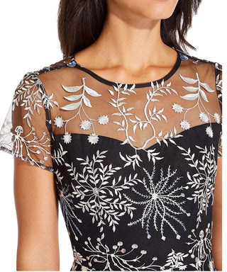 Vestido feminino Adrianna Papell com decote ilusão bordado, preto, tamanho 8
