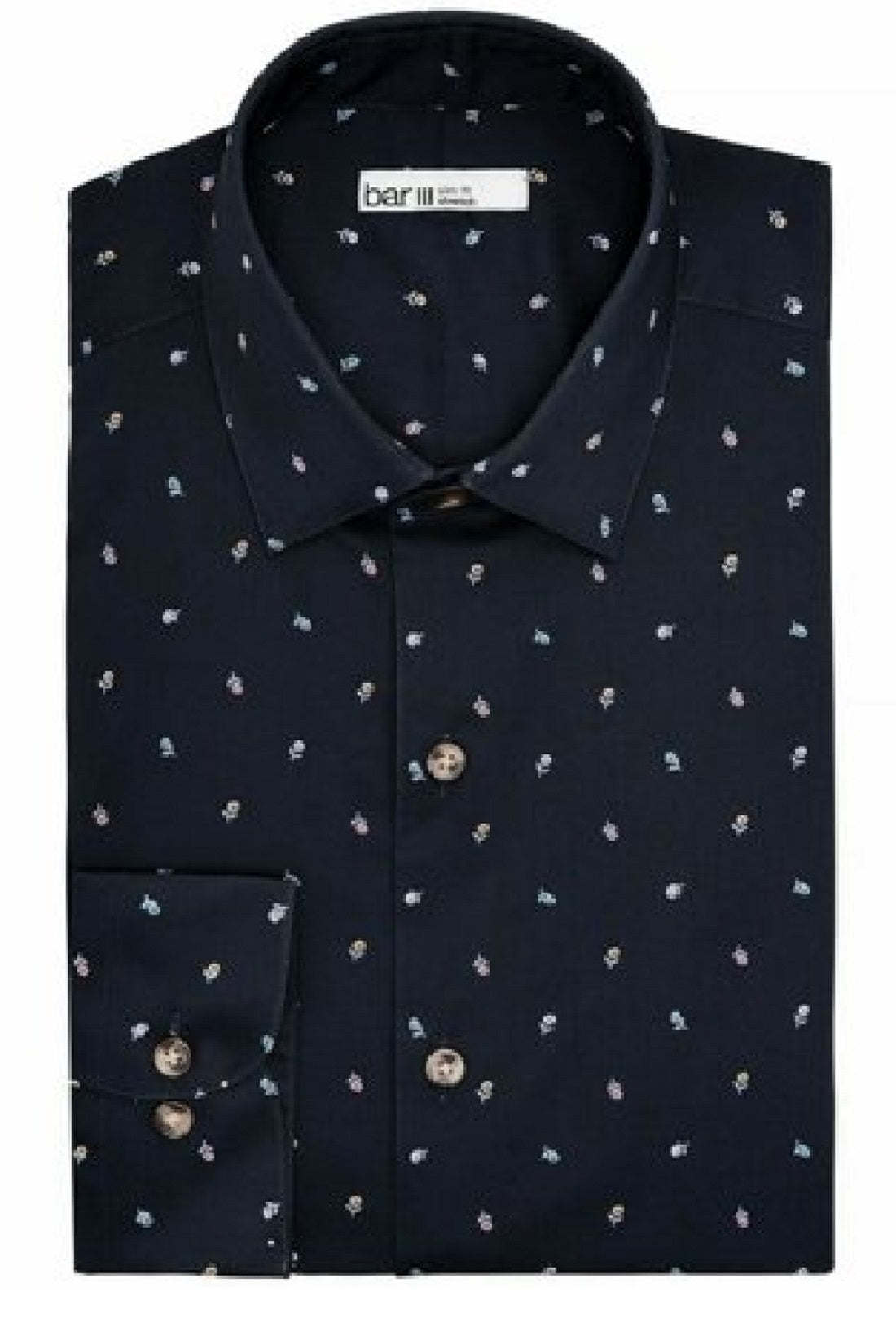 Camisa social masculina Bar III Slim Fit com estampa floral elástica, preta, tamanho 17 1/2