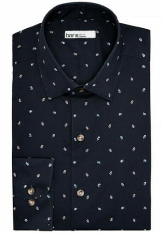 Camisa social masculina Bar III Slim Fit com estampa floral elástica, preta, tamanho 17 1/2