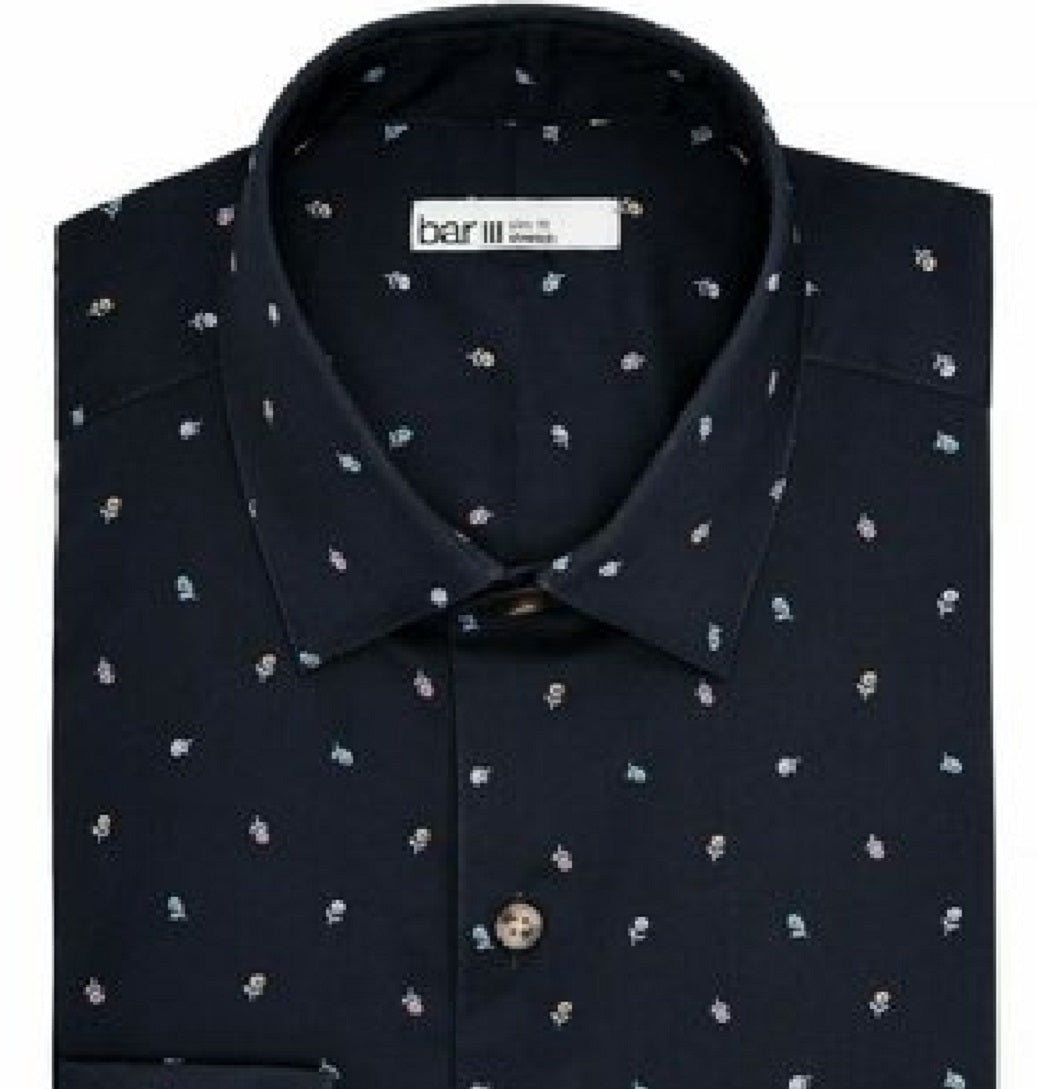 Camisa social masculina Bar III Slim Fit com estampa floral elástica, preta, tamanho 17 1/2