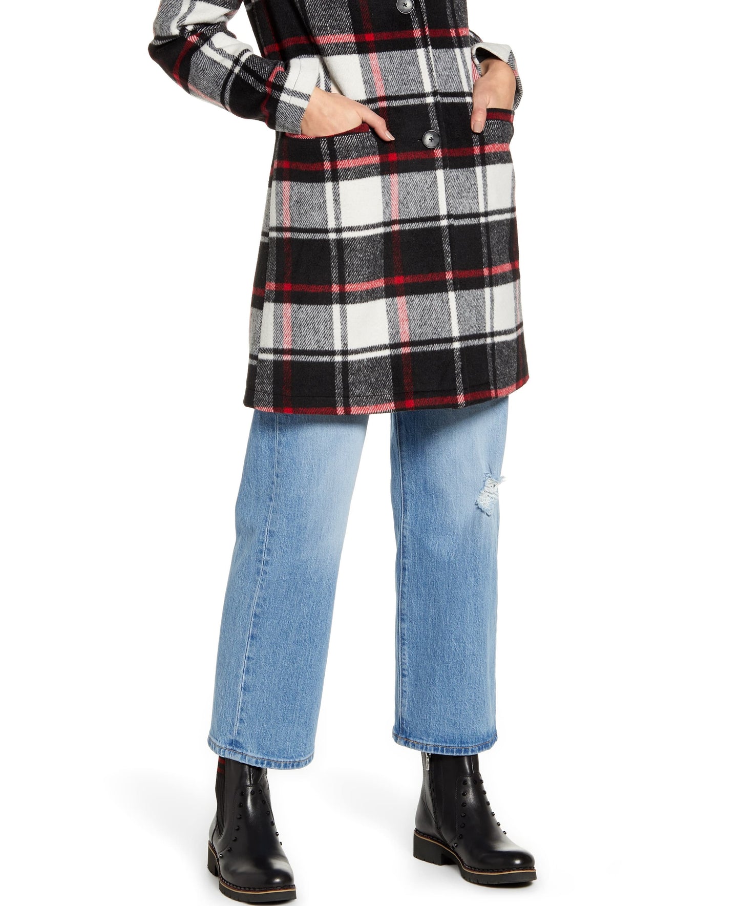 Jaqueta feminina Levi's xadrez com gola de pele sintética vermelha/xadrez tamanho grande