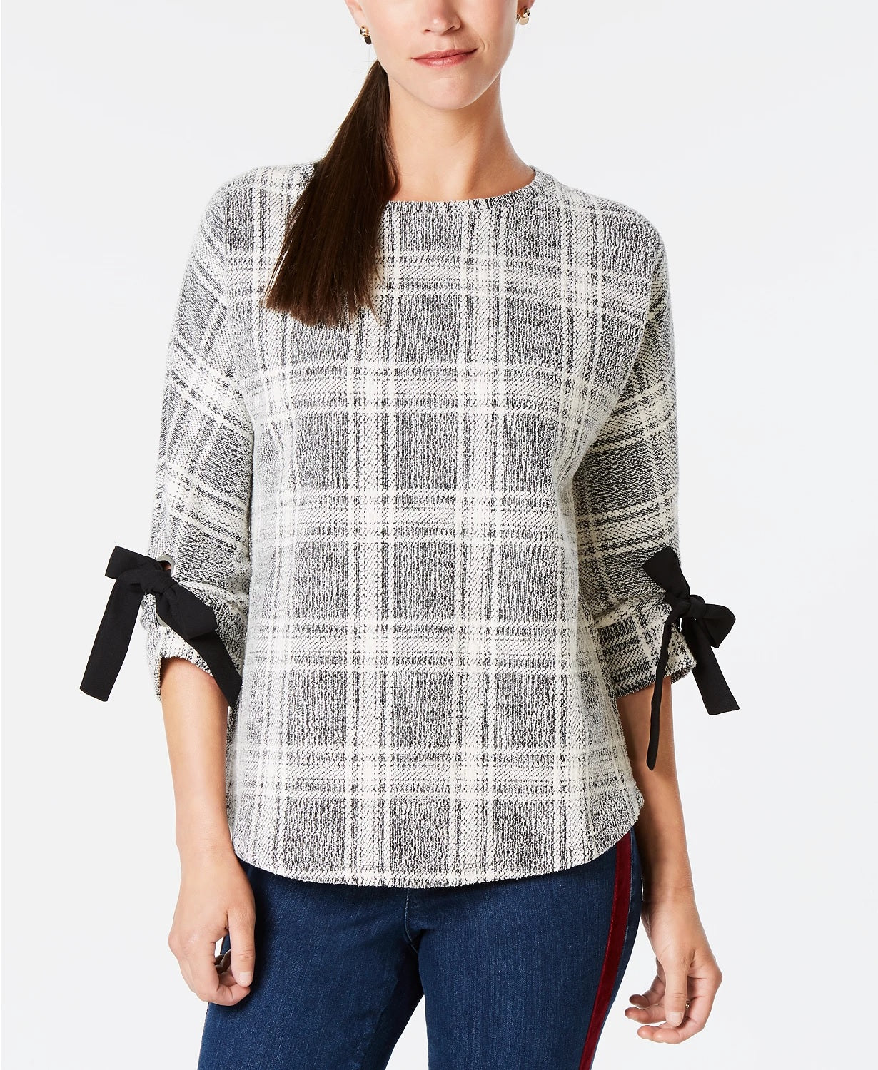 Charter Club Plaid Bow-Sleeve Top Preto Tamanho XX-G