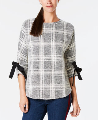 Charter Club Plaid Bow-Sleeve Top Black Size XX-Large