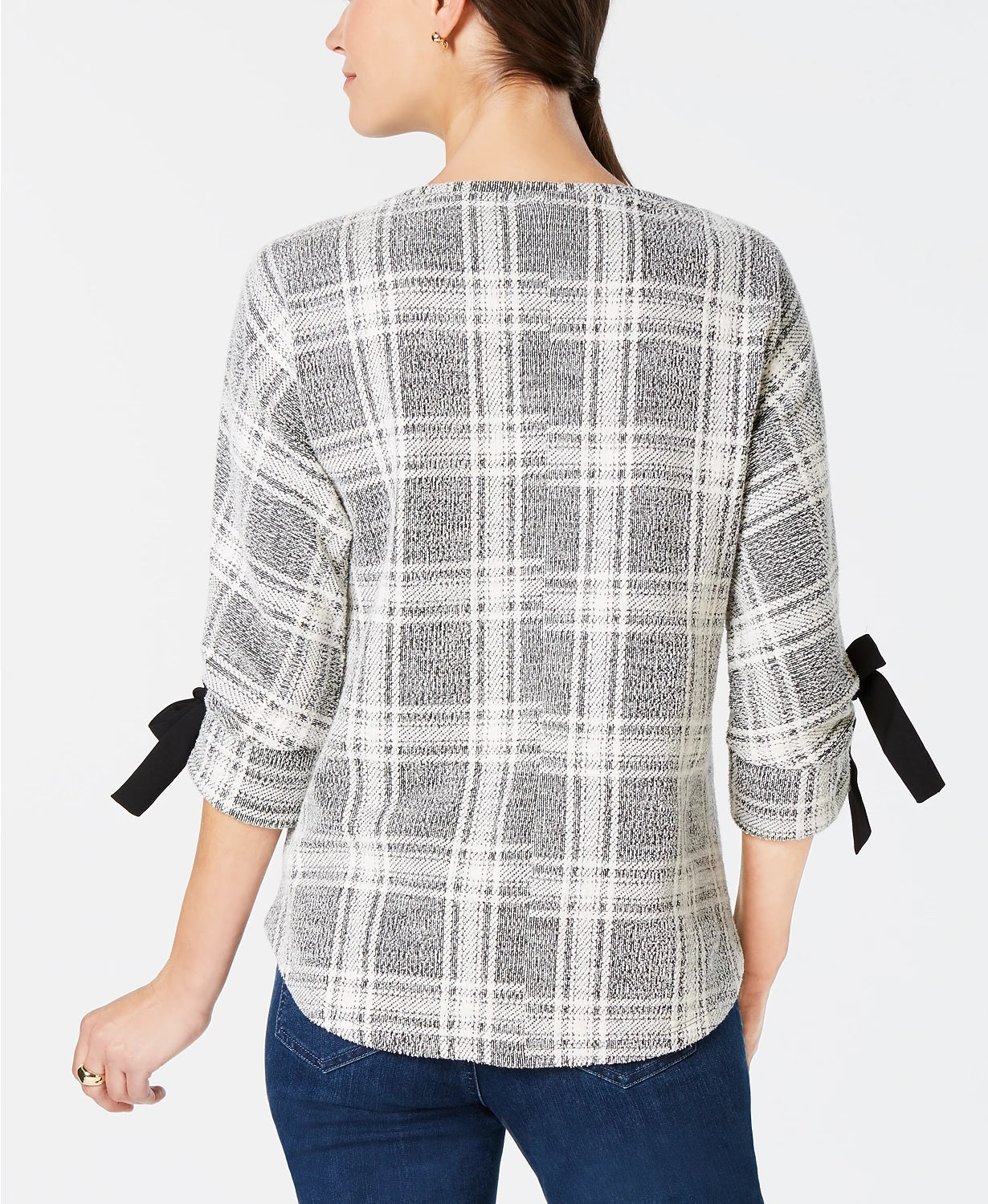 Charter Club Plaid Bow-Sleeve Top Preto Tamanho XX-G