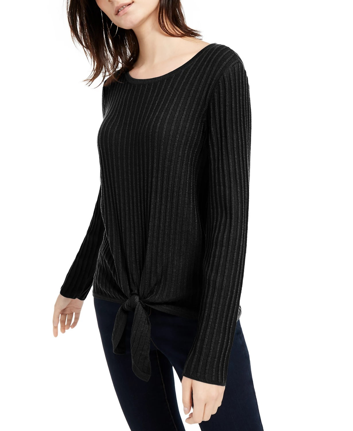 Suéter feminino de malha canelada com bainha amarrada, tamanho 44, preto, da INC International Concepts