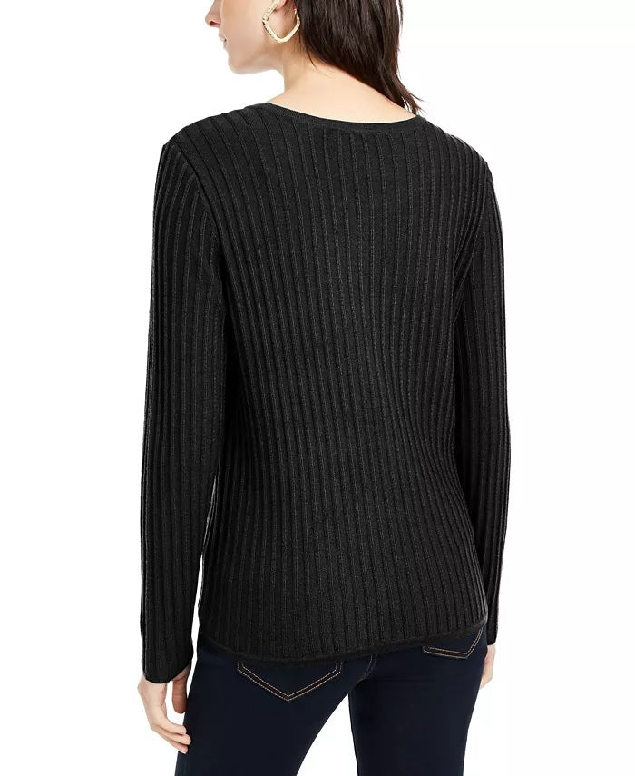 Suéter feminino de malha canelada com bainha amarrada, tamanho 44, preto, da INC International Concepts