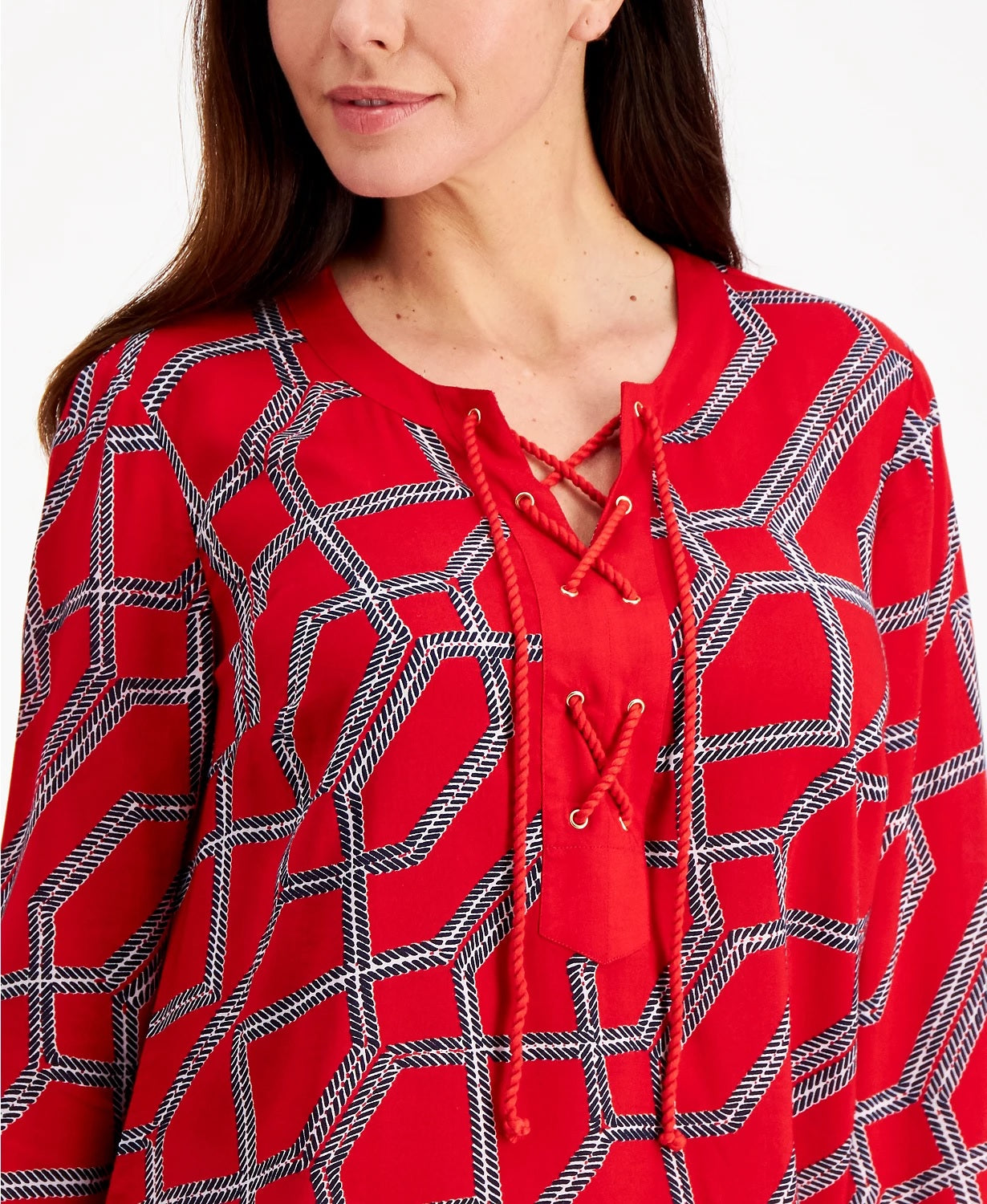 Túnica feminina Charter Club de algodão estampada com cadarço, vermelha, tamanho médio