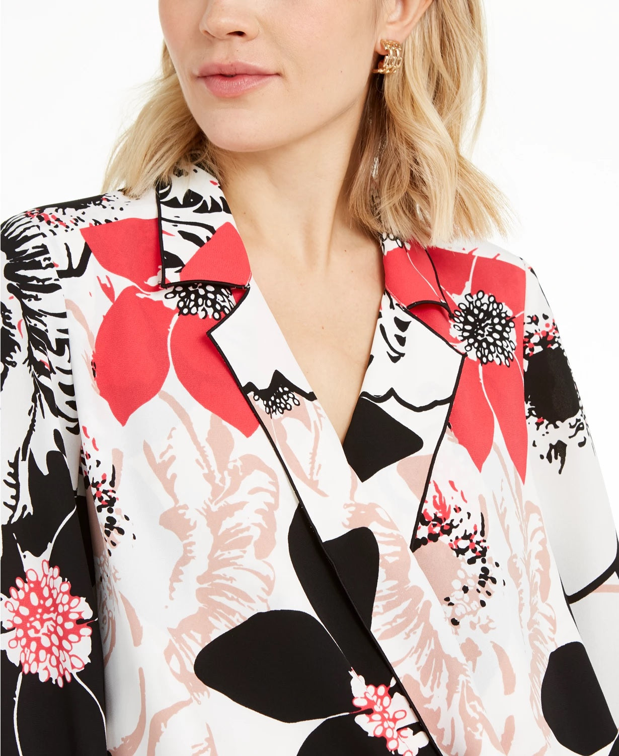 Blusa feminina Alfani estampada com sobrepeliz, branca, tamanho X-Large