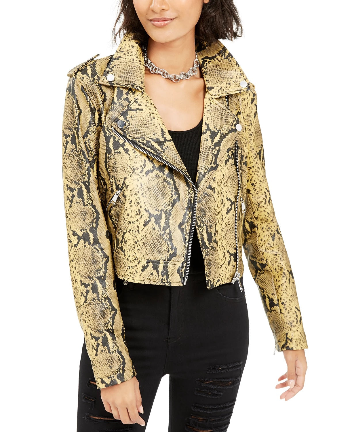 Jaqueta Guess Roni de couro sintético feminina, amarela, tamanho médio