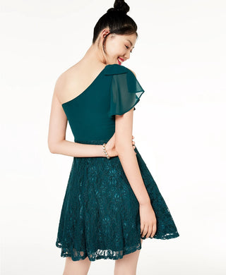 Vestido de um ombro só de renda e chiffon City Studios Juniors, verde, tamanho 5