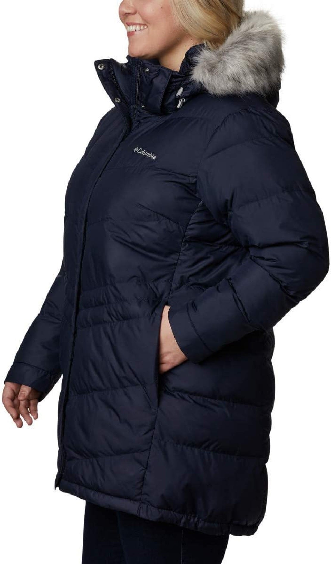 Casaco acolchoado com capuz e acabamento em pele sintética Columbia Plus feminino, azul, tamanho 1X