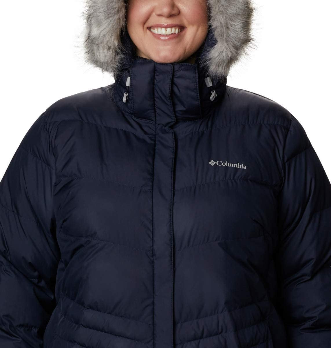 Casaco acolchoado com capuz e acabamento em pele sintética Columbia Plus feminino, azul, tamanho 1X