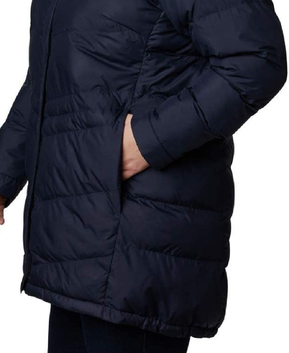 Casaco acolchoado com capuz e acabamento em pele sintética Columbia Plus feminino, azul, tamanho 1X