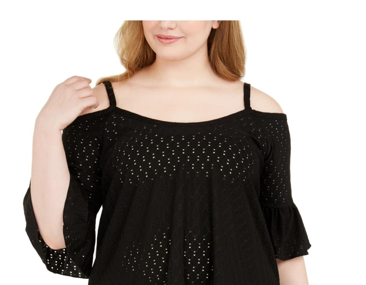 Blusa feminina plus size Michael Kors com ombros descobertos e ilhós, preta, tamanho 2X