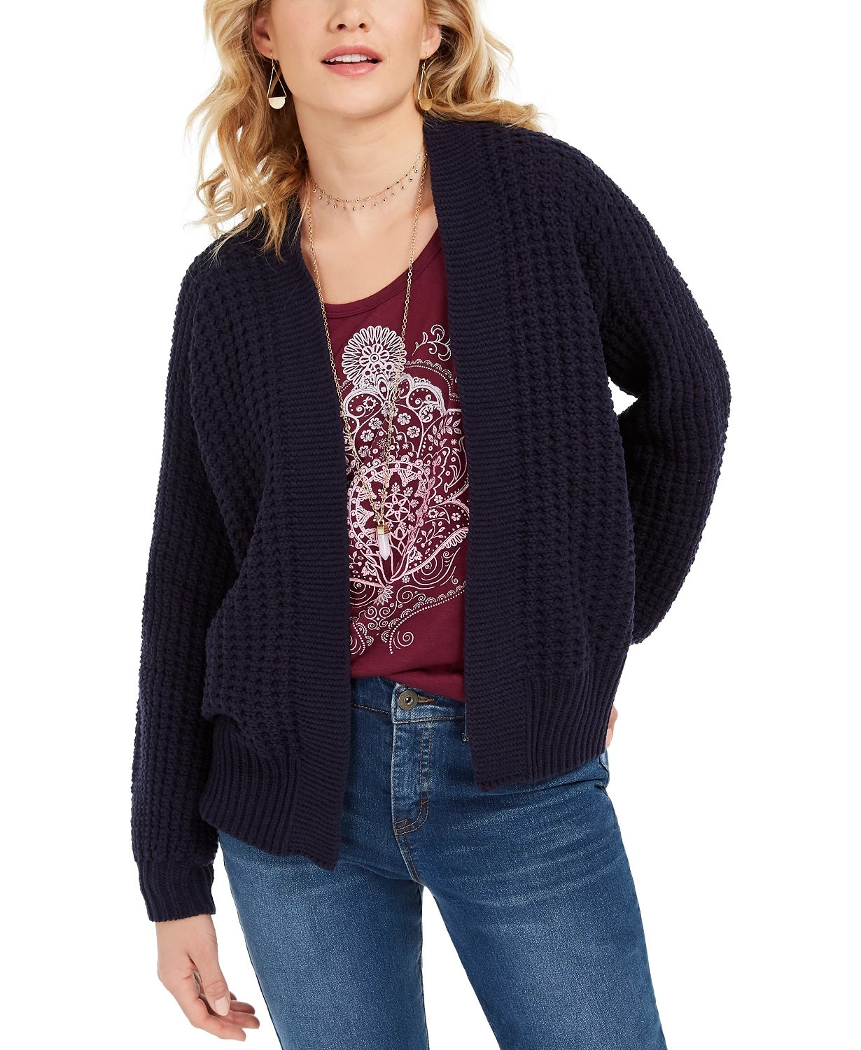 Cardigan feminino estilo &amp; co, tricô grosso, aberto na frente, azul-marinho, tamanho grande