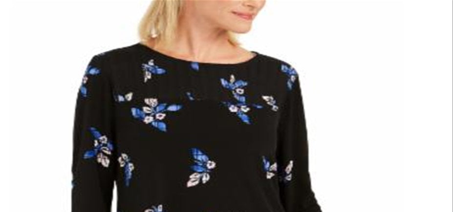 Top feminino com pregas florais Charter Club, preto, tamanho pequeno grande