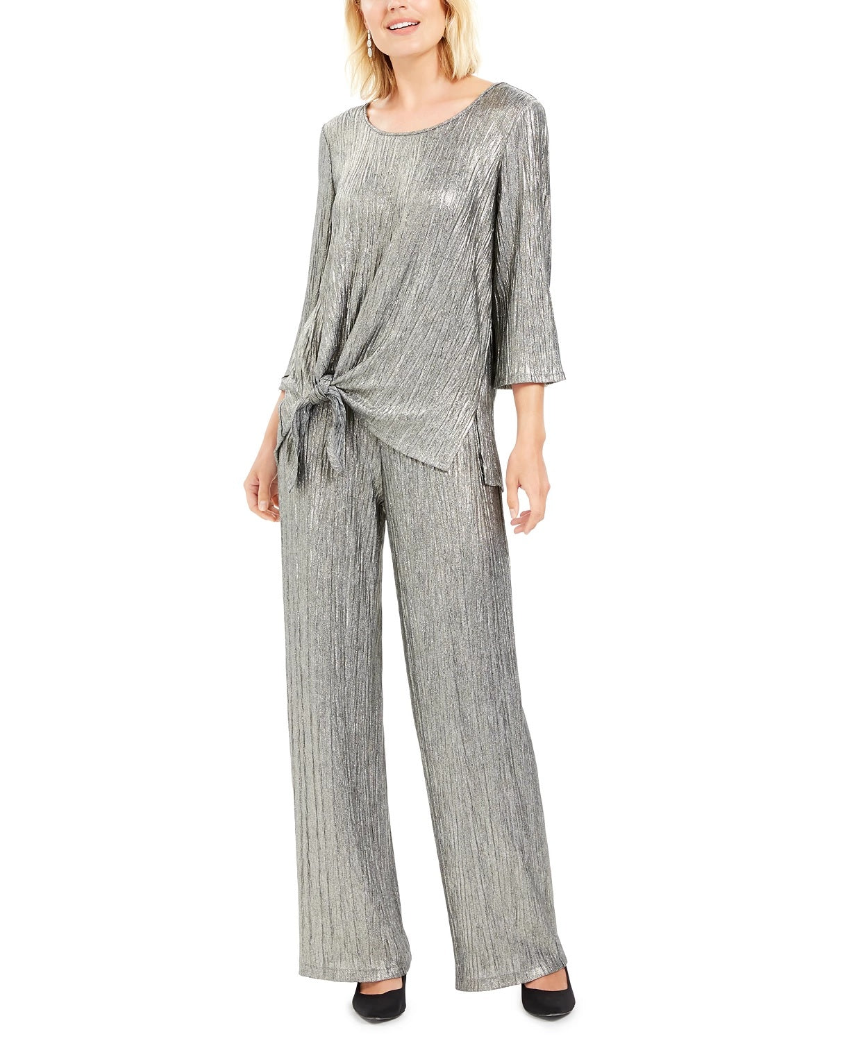 Top feminino com amarração metálica e bainha franzida JM Collection, cinza, tamanho XX-G